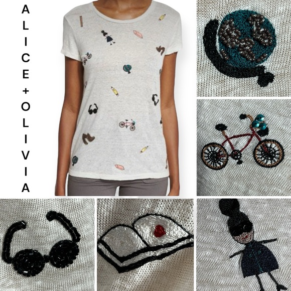 Alice + Olivia Tops - Alice + Olivia Robin Embellished Linen slub Tee size M